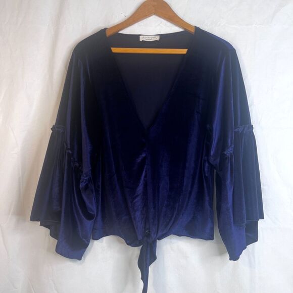 Lavender Field Velvet Vneck Statement Sleeve Blouse Tie Waist Size Medium VTG - Picture 8 of 8